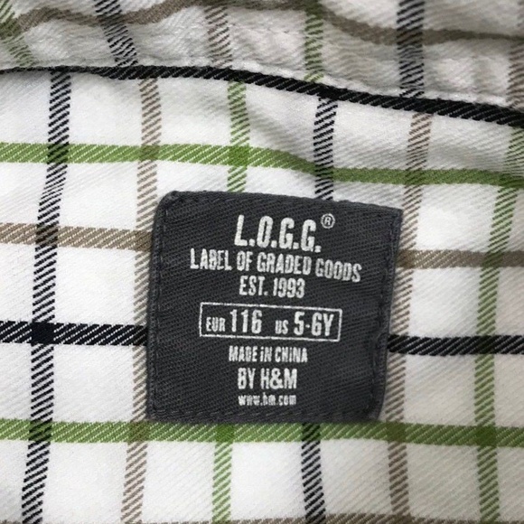 LOGG H&M White Green Plaid Shirt Size 5-6 Button - Picture 5 of 6